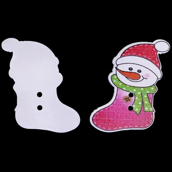 WOODEN FIGURES - CHRISTMAS - BUTTON TYPE - SNOWMAN IN SOCK 01 - 30x33x2mm WHITE AND CYCLAMEN - 10 pcs. Hole-2x2.0mm