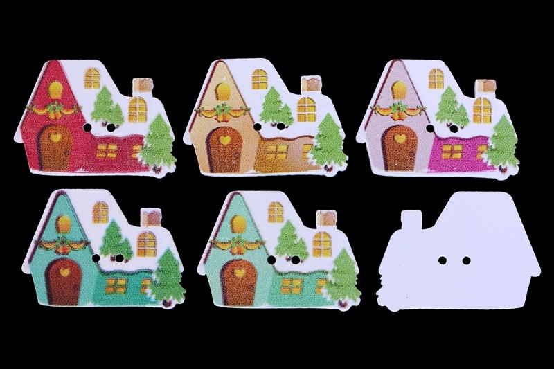 WOODEN FIGURES - CHRISTMAS - BUTTON TYPE - HUT 01 - 35x25x2mm WHITE AND MIX - PACKAGE 100pcs. Hole-2x2.0mm