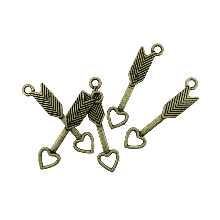 METAL BEADS - PENDANT - ARROW WITH HEART - 7x30x2mm ANTIQUE BRONZE - 10pcs. Hole-2.0mm