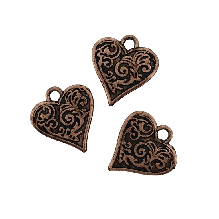 METAL BEADS - PENDANT - HEART 04 RELIEF - 15x16x1.5mm ANTIQUE BRASS - PACKAGE 105pcs. Hole-2.2mm