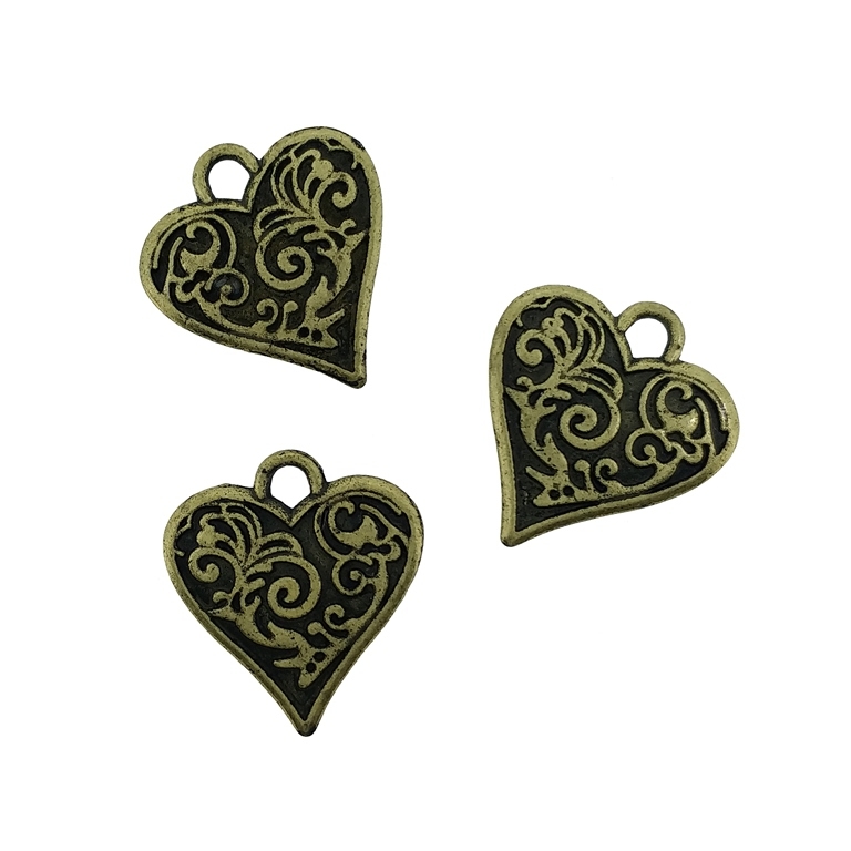 METAL BEADS - PENDANT - HEART 04 RELIEF - 15x16x1.5mm ANTIQUE BRONZE - PACKAGE 105pcs. Hole-2.2mm