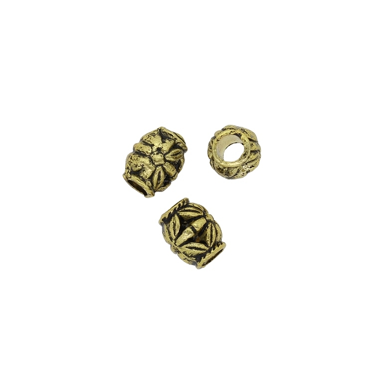 METAL BEADS - CYLINDER 01 FLOWERS - 9x7.5mm GOLD (DARK) - 85pcs. Hole-3.8mm