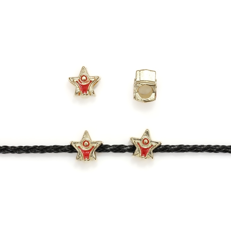 PANDORA TYPE - METAL WITH ENAMEL - STAR 01 - 12x12x8mm GOLD AND RED - 8pcs. Hole-4.5mm