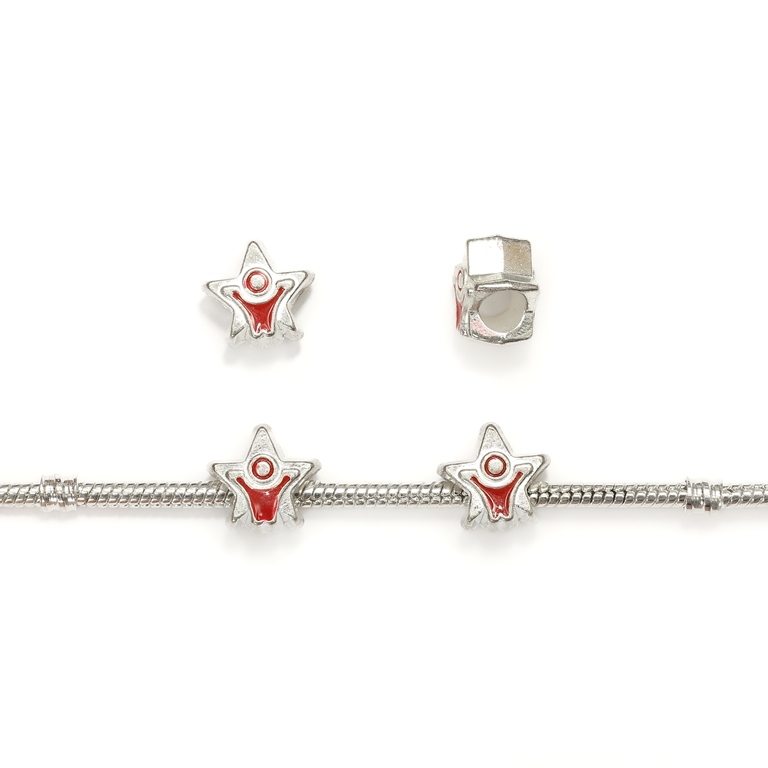 PANDORA TYPE - METAL WITH ENAMEL - STAR 01 - 12x12x8mm SILVER AND RED - 8pcs. Hole-4.5mm