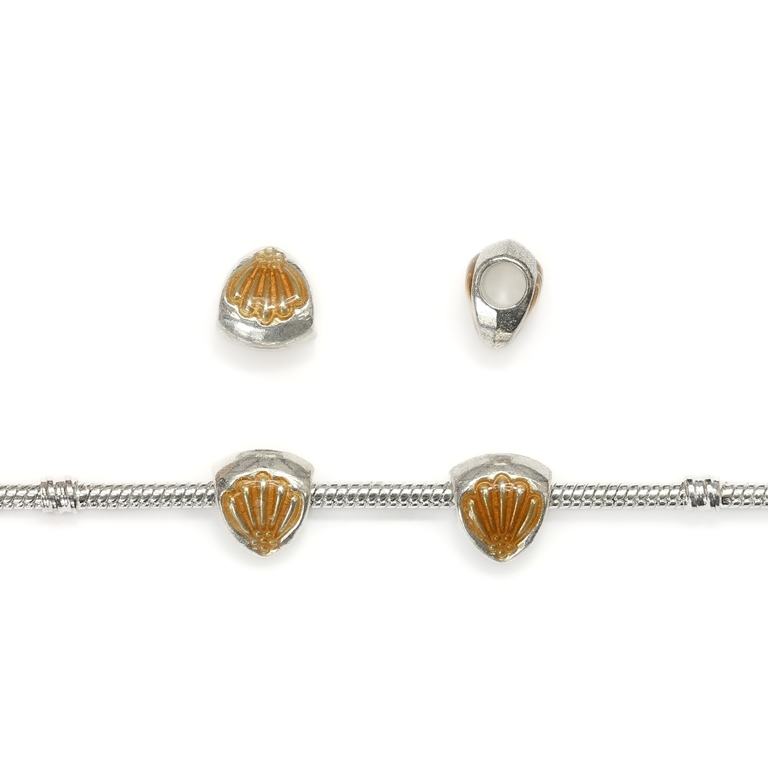 PANDORA TYPE - METAL WITH ENAMEL - SEA SHELL 01 - 11x12x8mm SILVER AND AMBER (DARK) - 8pcs. Hole-4.5mm