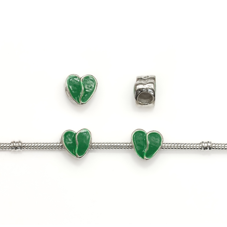 PANDORA TYPE - METAL WITH ENAMEL - HEART 02 - 12x12x8mm SILVER AND GREEN - 5pcs. Hole-5.0mm