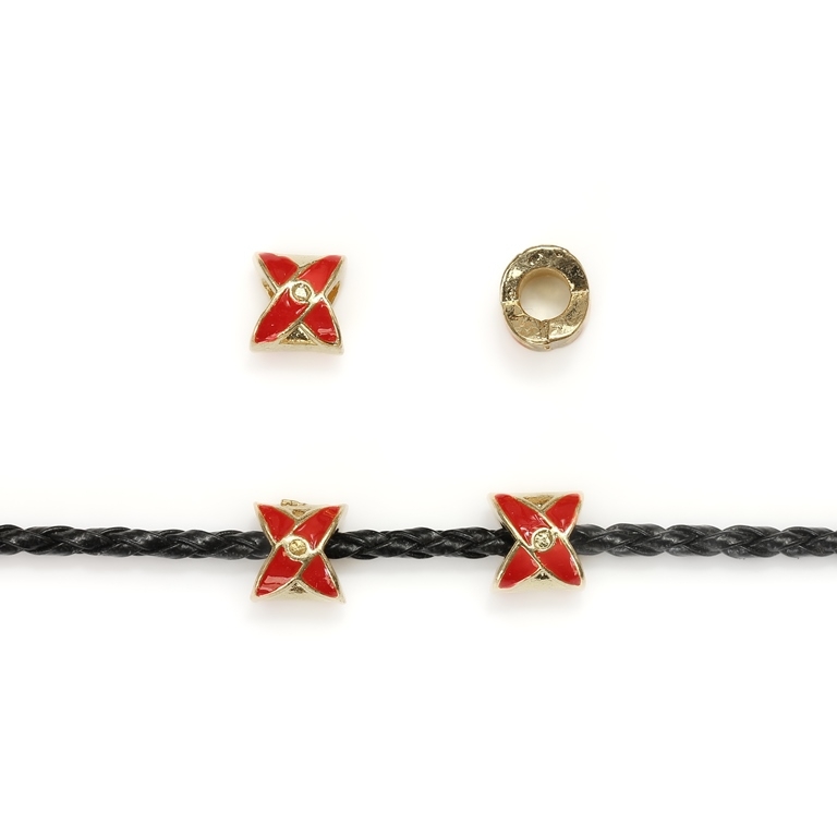 PANDORA TYPE - METAL WITH ENAMEL - X 03 - 10x10x9mm GOLD AND RED - 5pcs. Hole-4.5mm