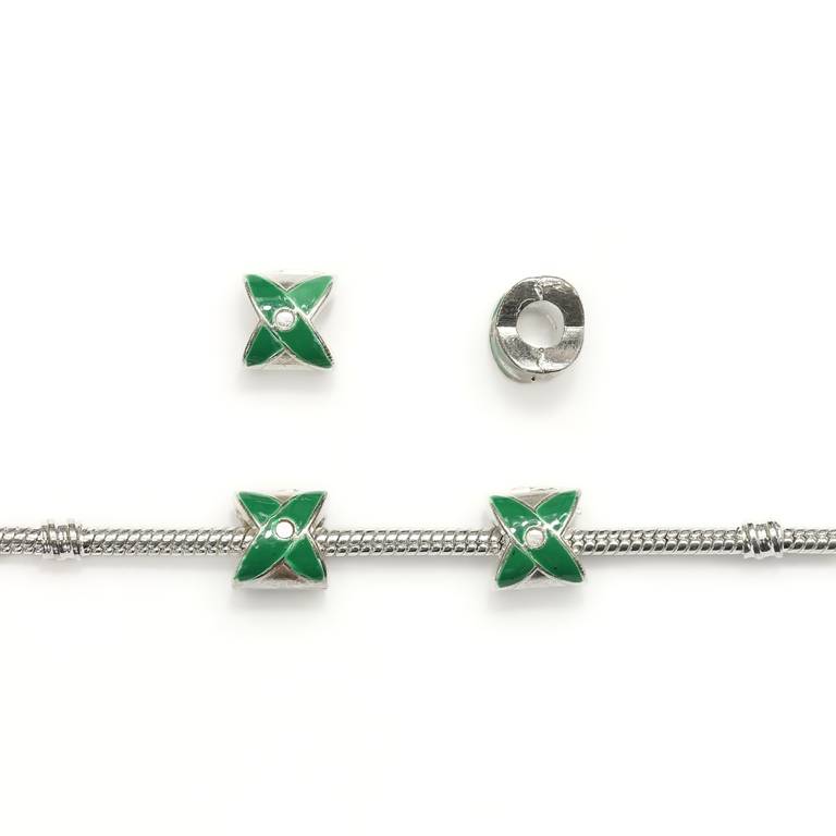 PANDORA TYPE - METAL WITH ENAMEL - X 03 - 10x10x9mm SILVER AND GREEN - 5pcs. Hole-4.5mm