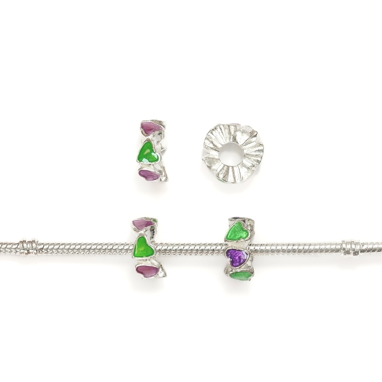 PANDORA TYPE - METAL WITH ENAMEL - WASHER HEARTS 01 - 6x14mm SILVER AND GREEN - 8pcs. Hole-5.0mm