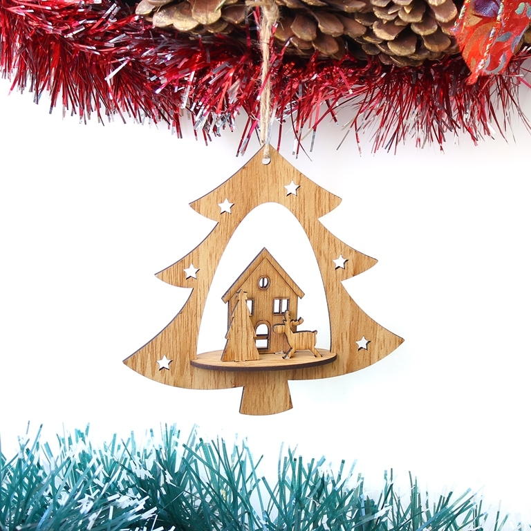 CHRISTMAS DECORATION - PENDANT WOODEN - CHRISTMAS TREE WITH HOUSE 01 - 12x12x2.5cm BROWN (LIGHT) - PACKAGE 6pcs.