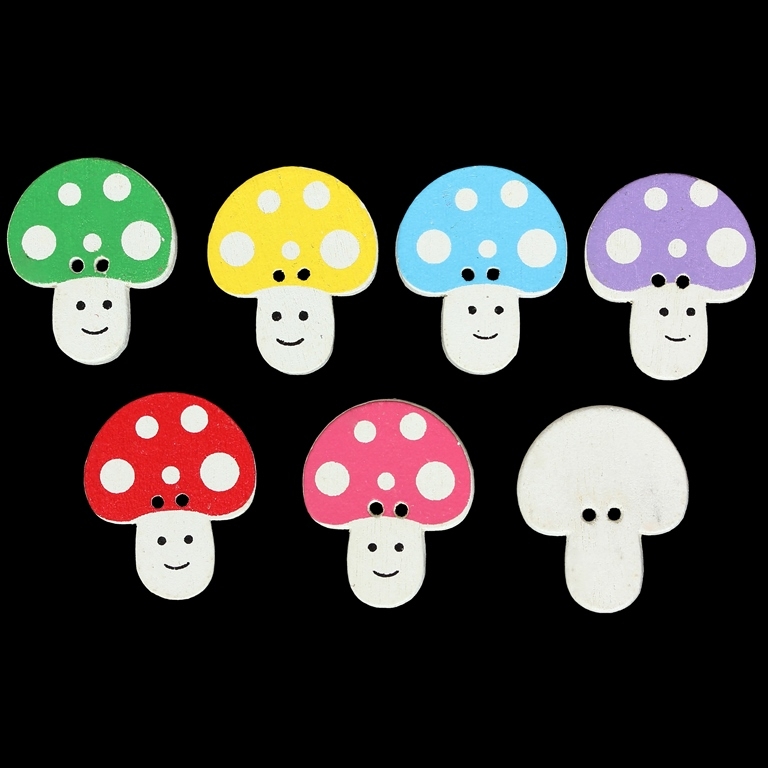 WOODEN FIGURES - BABY - BUTTON TYPE - MUSHROOM 01 - 18x22x4mm WHITE AND MIX - PACKAGE 100pcs. Hole-2x1.5mm