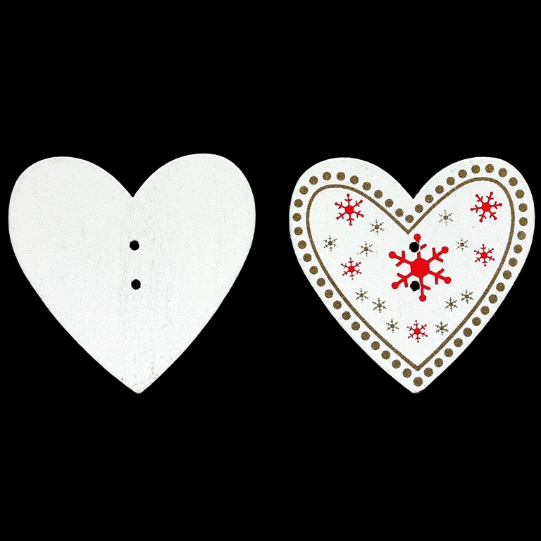 WOODEN FIGURES - CHRISTMAS - BUTTON TYPE - HEART 10 - 34x33x2mm WHITE AND RED - 10 pcs. Hole-2x1.8mm