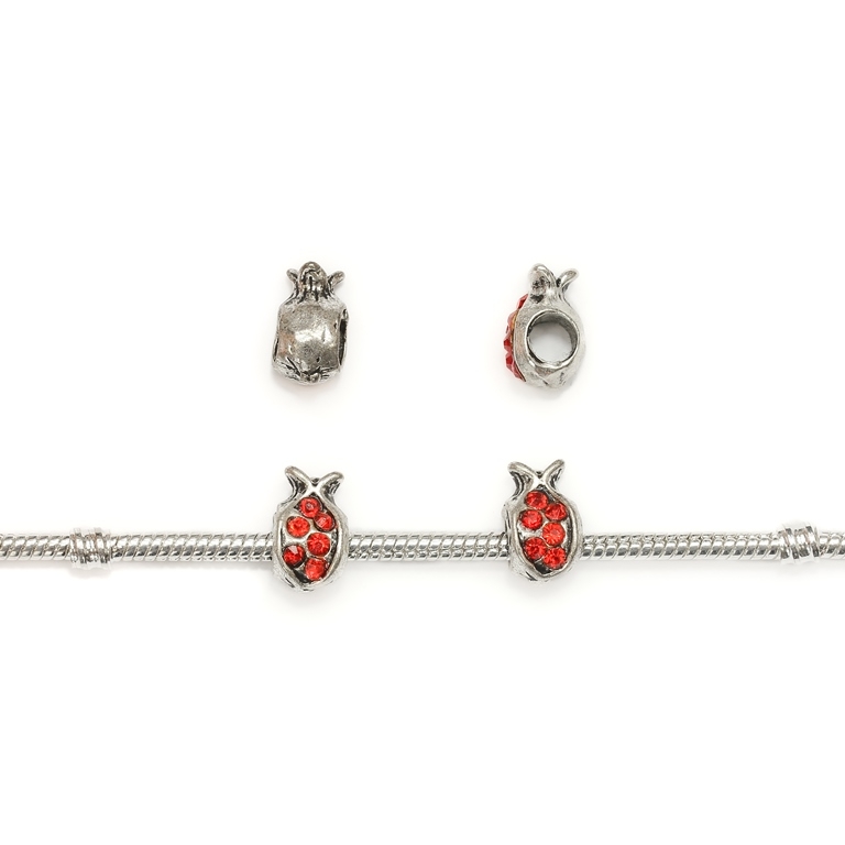 PANDORA TYPE - METAL WITH CRYSTALS - POMEGRANATE 01 - 7x12x8mm NICKEL AND RED - 80pcs. Hole-4.5mm