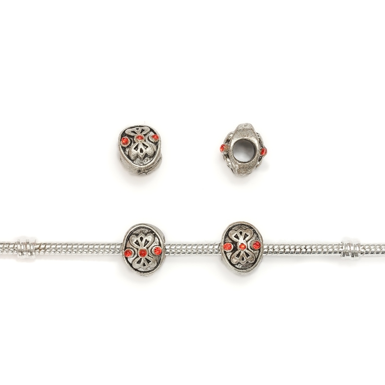 PANDORA TYPE - METAL WITH CRYSTALS - OVAL RIBBON 01 - 9x12x11mm NICKEL AND RED - 40pcs. Hole-4.5mm