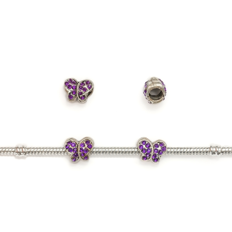 PANDORA TYPE - METAL WITH CRYSTALS - BUTTERFLY 01 - 11x9x8mm NICKEL AND PURPLE - 10pcs. Hole-4.5mm