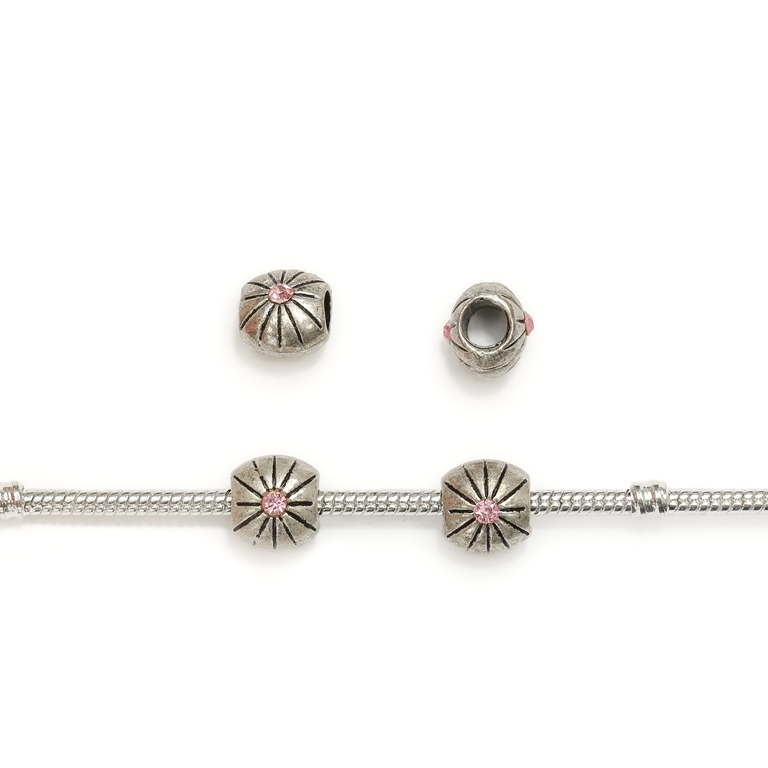 PANDORA TYPE - METAL WITH CRYSTALS - TILE OVAL 01 - 10x10x10mm NICKEL AND PINK - 10pcs. Hole-4.5mm