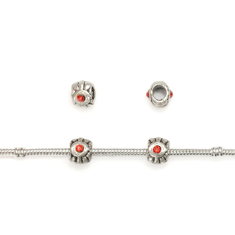 PANDORA TYPE - METAL WITH CRYSTALS - TILE RELIEF 02 - 8x10x10mm NICKEL AND RED - 10pcs. Hole-4.5mm