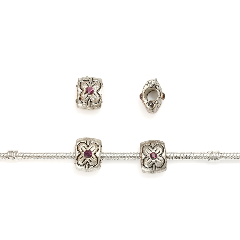 PANDORA TYPE - METAL WITH CRYSTALS - TILE WITH FLOWER 01 - 9x12x9mm NICKEL AND VIOLET - 10pcs. Hole-5.0mm