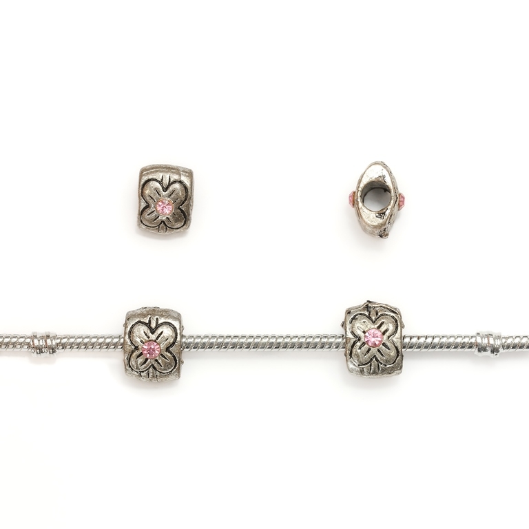 PANDORA TYPE - METAL WITH CRYSTALS - TILE WITH FLOWER 01 - 9x12x9mm NICKEL AND PINK - 10pcs. Hole-5.0mm