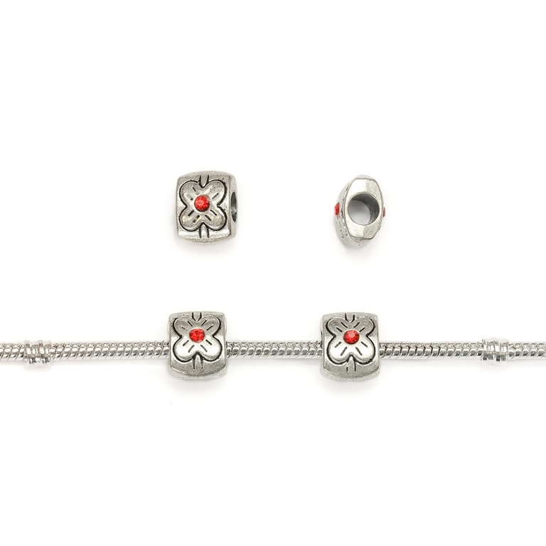 PANDORA TYPE - METAL WITH CRYSTALS - TILE WITH FLOWER 01 - 9x12x9mm NICKEL AND RED - 10pcs. Hole-5.0mm