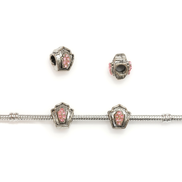 PANDORA TYPE - METAL WITH CRYSTALS - FORM 01 - 11x12x10mm NICKEL AND PINK - 40pcs. Hole-4.5mm