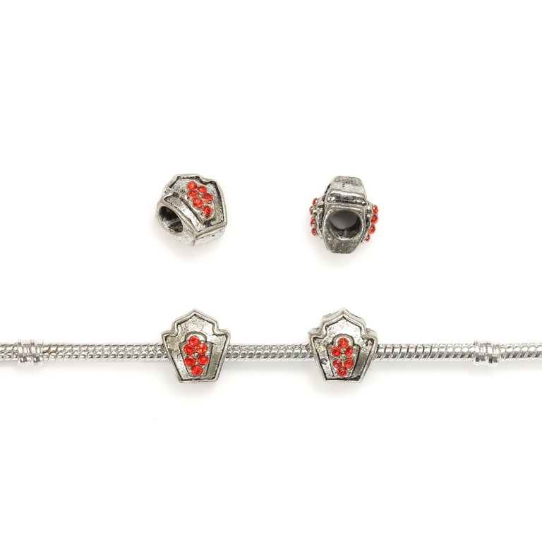 PANDORA TYPE - METAL WITH CRYSTALS - FORM 01 - 11x12x10mm NICKEL AND RED - 8pcs. Hole-4.5mm