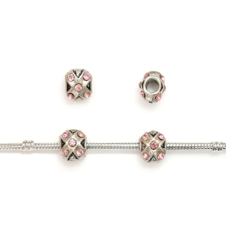 PANDORA TYPE - METAL WITH CRYSTALS - X 02 - 11x12x10mm NICKEL AND PINK - 35pcs. Hole-4.2mm