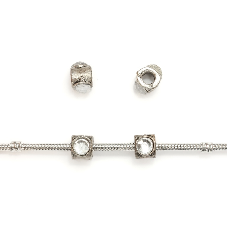 PANDORA TYPE - METAL WITH CRYSTALS - CYLINDER 24 - 8x12mm NICKEL AND WHITE - 50pcs. Hole-4.5mm