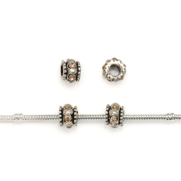 PANDORA TYPE - METAL WITH CRYSTALS - CYLINDER 26 - 9x11mm NICKEL AND AMBER - 8pcs. Hole-5.0mm