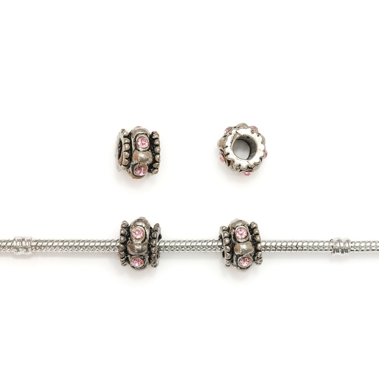 PANDORA TYPE - METAL WITH CRYSTALS - CYLINDER 26 - 9x11mm NICKEL AND PINK - 8pcs. Hole-5.0mm