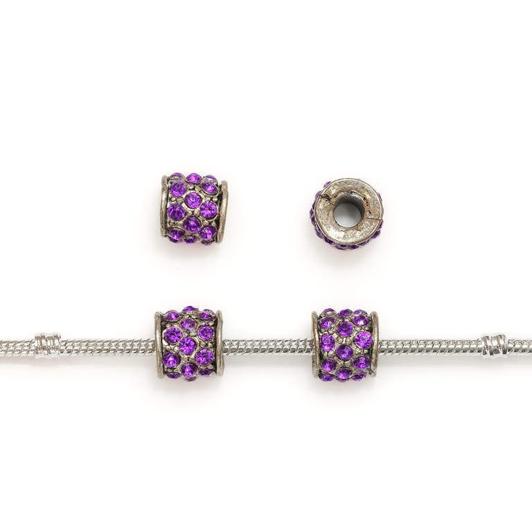 PANDORA TYPE - METAL WITH CRYSTALS - CYLINDER 30 - 11x11mm NICKEL AND PURPLE - 30pcs. Hole-4.5mm