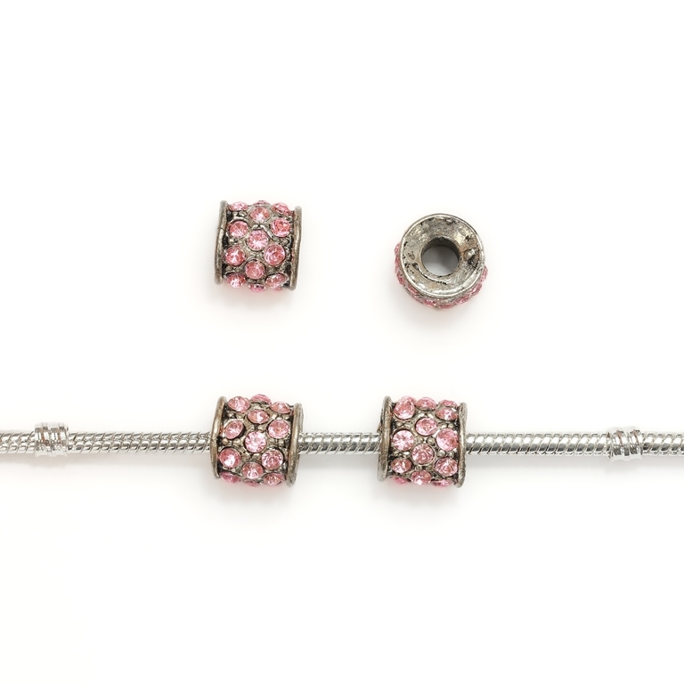 PANDORA TYPE - METAL WITH CRYSTALS - CYLINDER 30 - 11x11mm NICKEL AND PINK - 30pcs. Hole-4.5mm