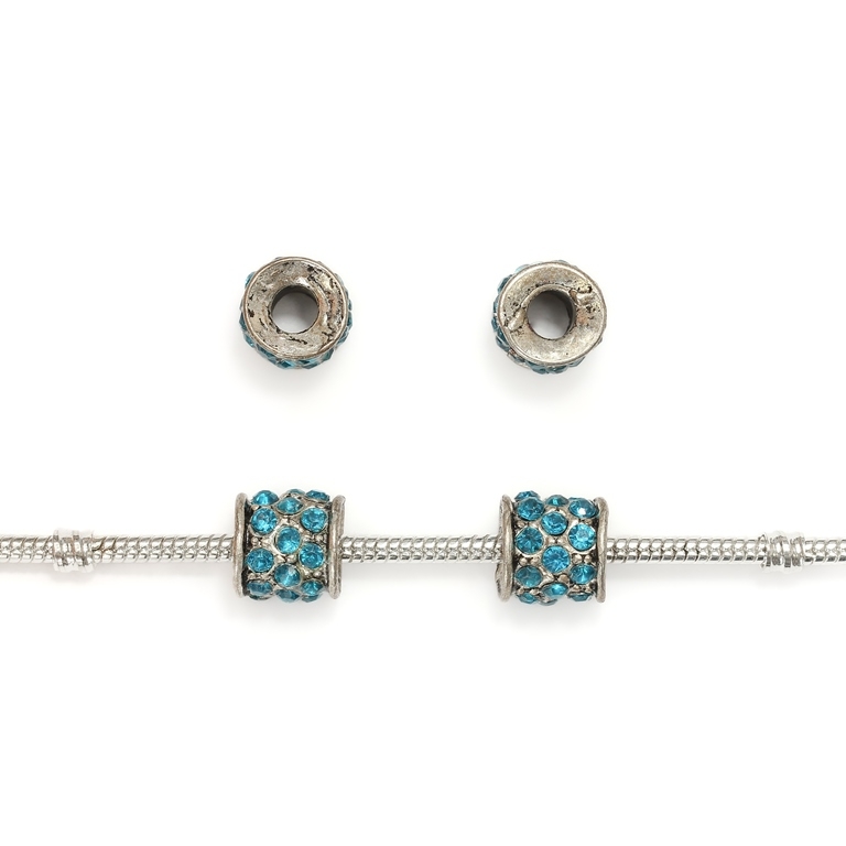 PANDORA TYPE - METAL WITH CRYSTALS - CYLINDER 30 - 11x11mm NICKEL AND BLUE - 5pcs. Hole-4.5mm