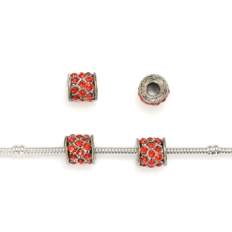 PANDORA TYPE - METAL WITH CRYSTALS - CYLINDER 30 - 11x11mm NICKEL AND RED - 5pcs. Hole-4.5mm