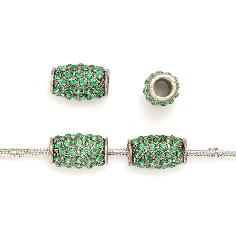 PANDORA TYPE - METAL WITH CRYSTALS - CYLINDER 32 - 21x13mm NICKEL AND GREEN - 2pcs. Hole-6.0mm