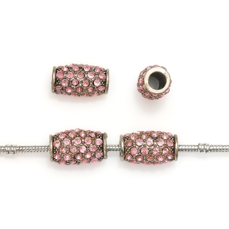 PANDORA TYPE - METAL WITH CRYSTALS - CYLINDER 32 - 21x13mm NICKEL AND PINK - 2pcs. Hole-6.0mm