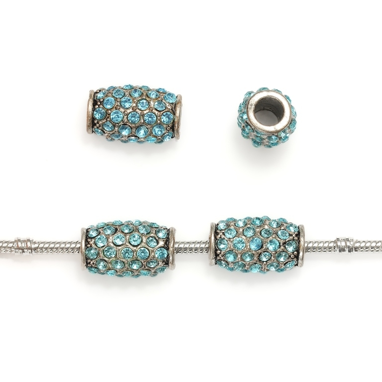 PANDORA TYPE - METAL WITH CRYSTALS - CYLINDER 32 - 21x13mm NICKEL AND BLUE - 2pcs. Hole-6.0mm