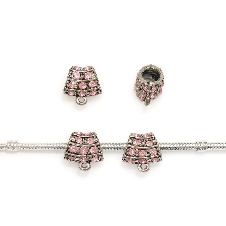 PANDORA TYPE - METAL WITH CRYSTALS - CYLINDER CURVED WITH RING - 15x15x10mm NICKEL AND PINK - 5pcs. Hole-6.0mm