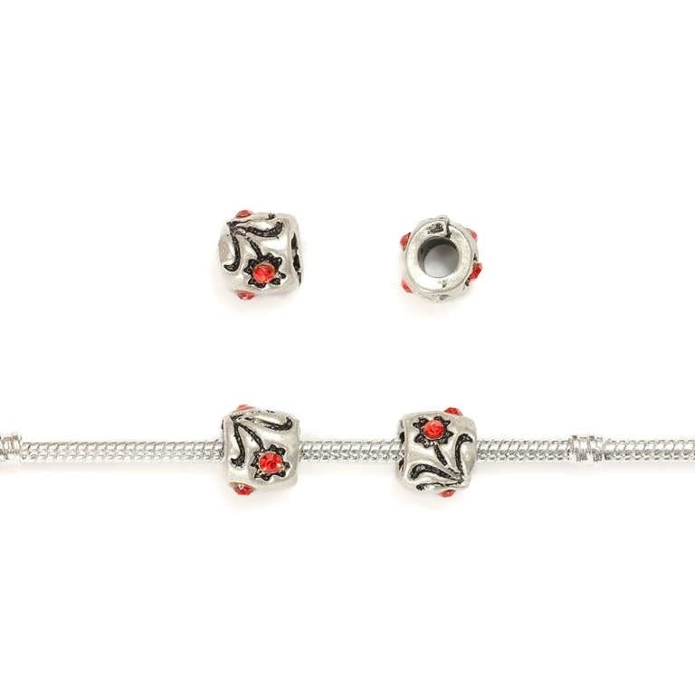 PANDORA TYPE - METAL WITH CRYSTALS - CYLINDER FLOWER - 9x10mm NICKEL AND RED - 8pcs. Hole-4.5mm