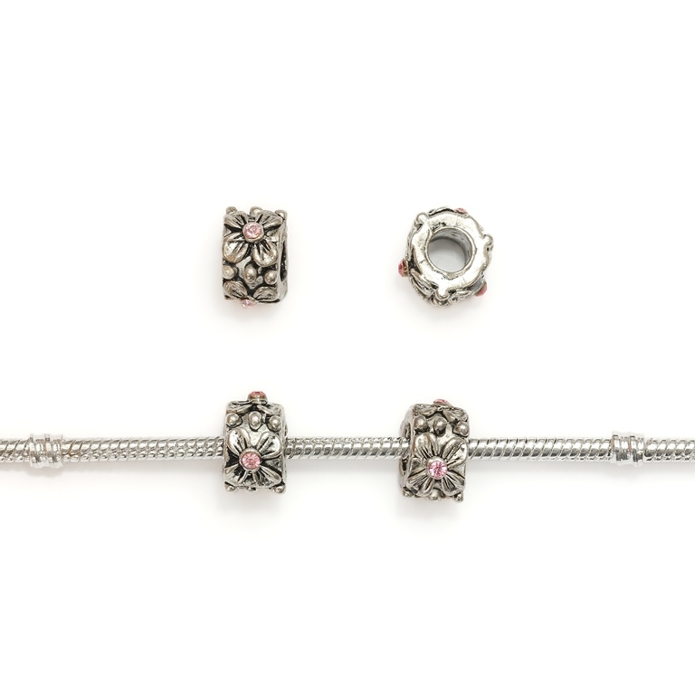 PANDORA TYPE - METAL WITH CRYSTALS - CYLINDER FLOWERS 01 - 8x12mm NICKEL AND PINK - 40pcs. Hole-5.0mm