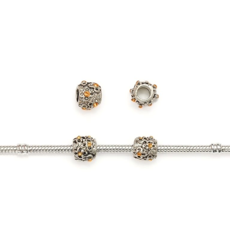 PANDORA TYPE - METAL WITH CRYSTALS - CYLINDER FLOWERS 03 - 9x9mm NICKEL AND AMBER - 10pcs. Hole-4.5mm