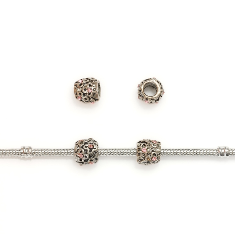 PANDORA TYPE - METAL WITH CRYSTALS - CYLINDER FLOWERS 03 - 9x9mm NICKEL AND PINK - 10pcs. Hole-4.5mm