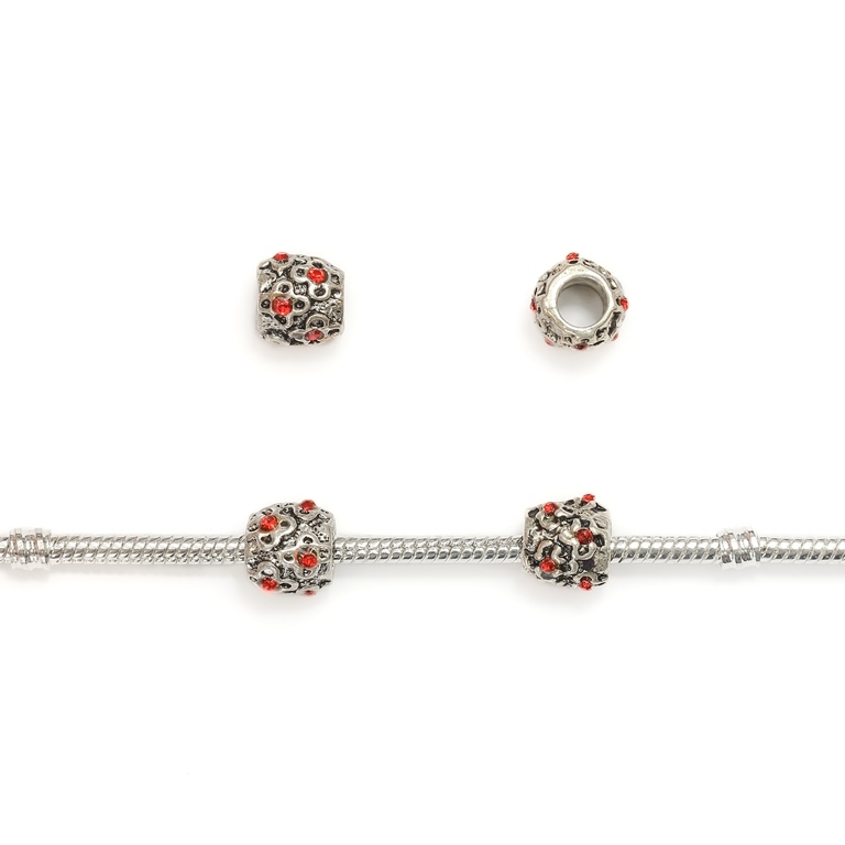 PANDORA TYPE - METAL WITH CRYSTALS - CYLINDER FLOWERS 03 - 9x9mm NICKEL AND RED - 10pcs. Hole-4.5mm