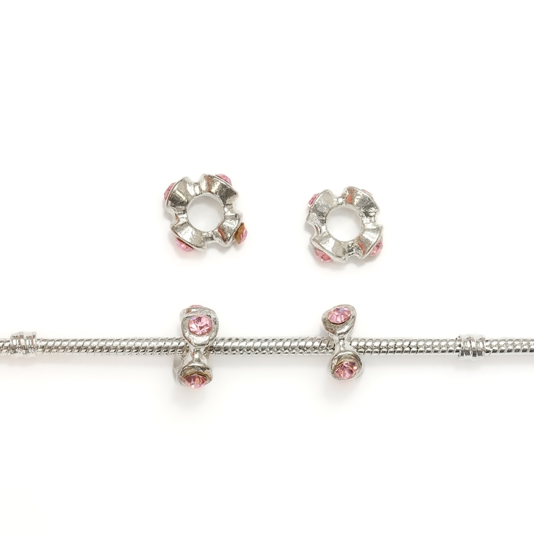 PANDORA TYPE - METAL WITH CRYSTALS - WASHER CIRCLES 01 - 6x13mm SILVER AND PINK - 30pcs. Hole-5.2mm