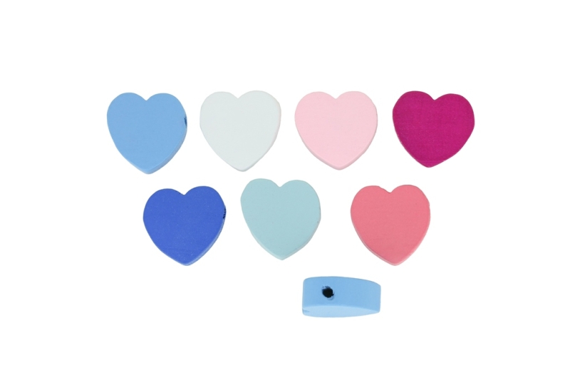 WOODEN FIGURES - HEART 03 - 18x17x6mm MIX BLUE - 15 pcs. Hole-2.5mm