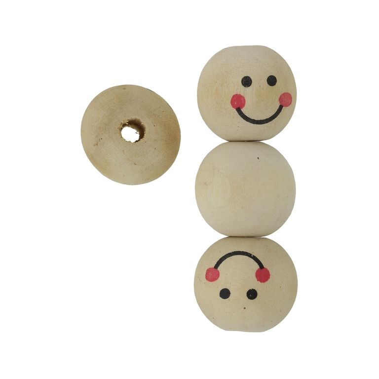 WOODEN BEADS - BALL WITH SMILEY FACE 01 - 18mm NATURAL - 10pcs. Hole-4.8mm
