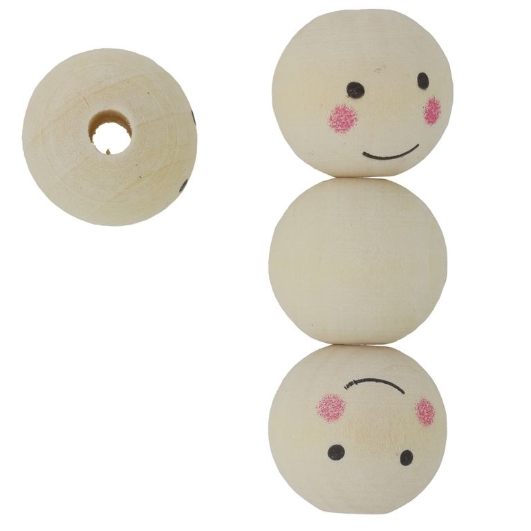 WOODEN BEADS - BALL WITH SMILEY FACE 07 - 24mm NATURAL - PACKAGE 50pcs. Hole-5.8mm