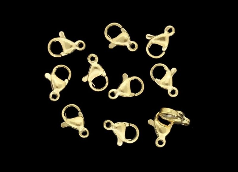 METAL ELEMENTS - LOBSTER CLAW CLASP PARROT CLOSURE - STEEL  304 - 7x10x3.5mm GOLD COLOR - 5pcs. Hole-1.4mm
