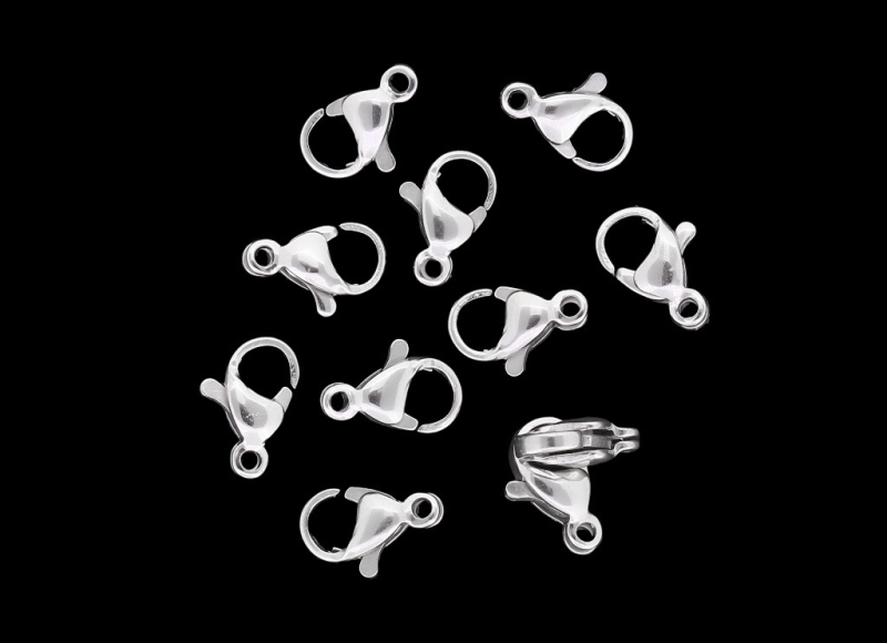 METAL ELEMENTS - LOBSTER CLAW CLASP PARROT CLOSURE - STEEL  304 - 7x10x3.5mm NICKEL COLOR  - 10pcs. Hole-1.4mm