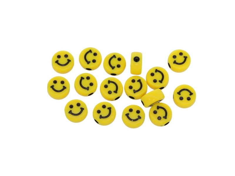 ACRYLIC BEADS - SMILEY FACE - DISK 02 - 10x5mm YELLOW WITH BLACK - 50 g Hole-2.5mm (149pcs.)